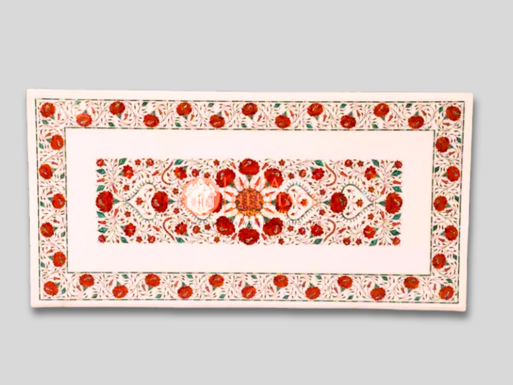 White Top Center Table Carnelian Inlay Pietradura Floral Art